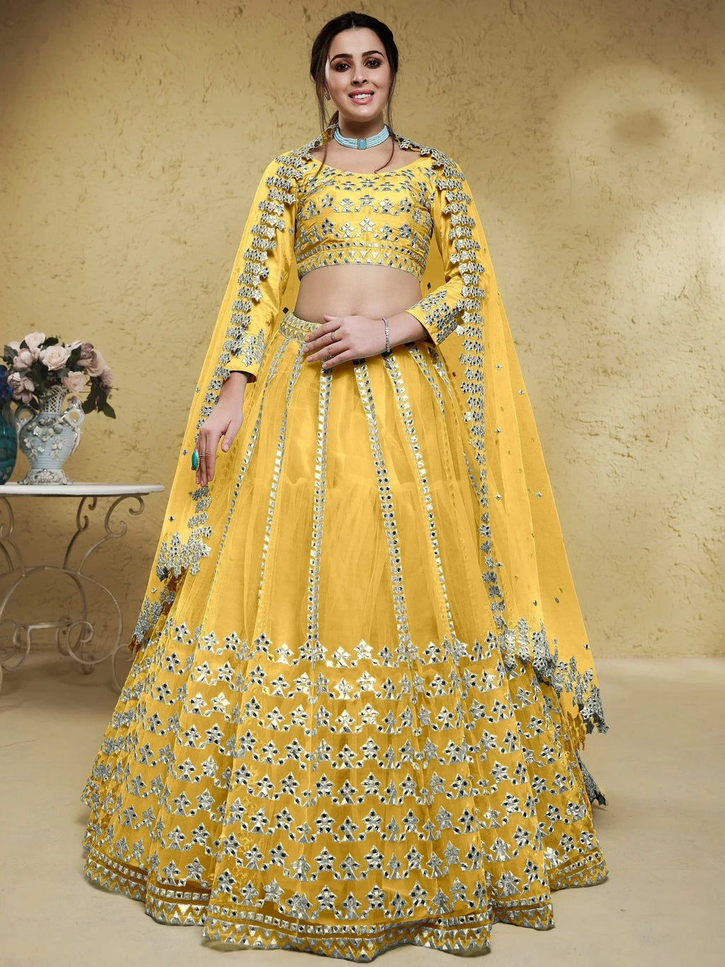 Tulsi Art Magnetic Yellow Foil Work Net Haldi Wear Lehenga Choli With Dupatta | Grocsy