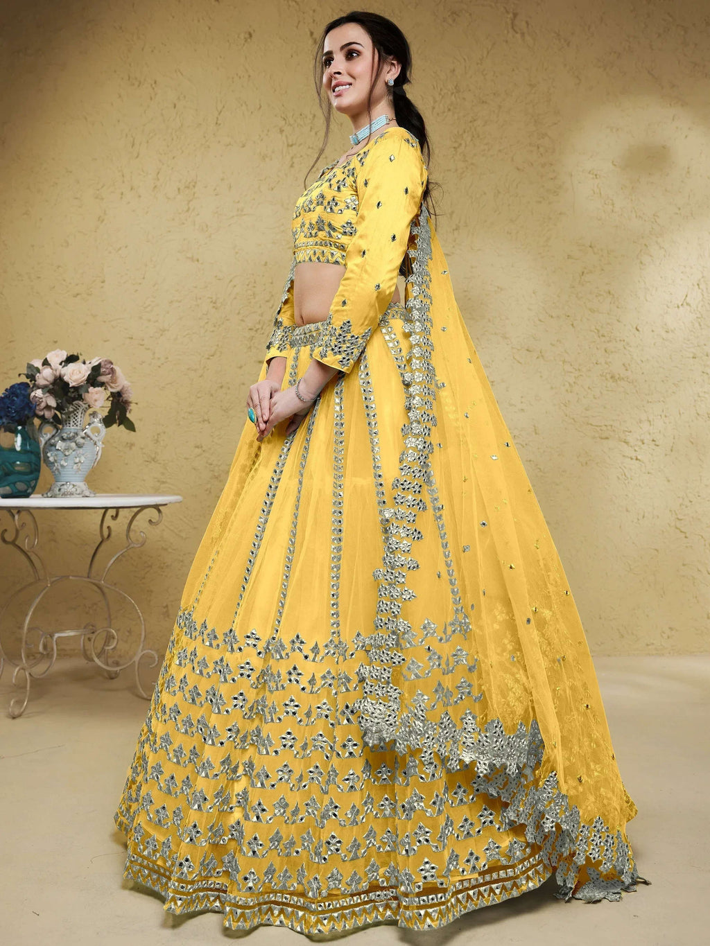 Tulsi Art Magnetic Yellow Foil Work Net Haldi Wear Lehenga Choli With Dupatta | Grocsy