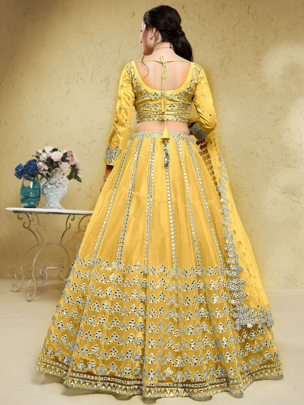 Tulsi Art Magnetic Yellow Foil Work Net Haldi Wear Lehenga Choli With Dupatta | Grocsy