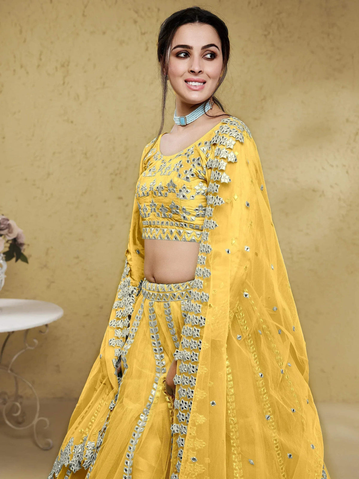 Tulsi Art Magnetic Yellow Foil Work Net Haldi Wear Lehenga Choli With Dupatta | Grocsy