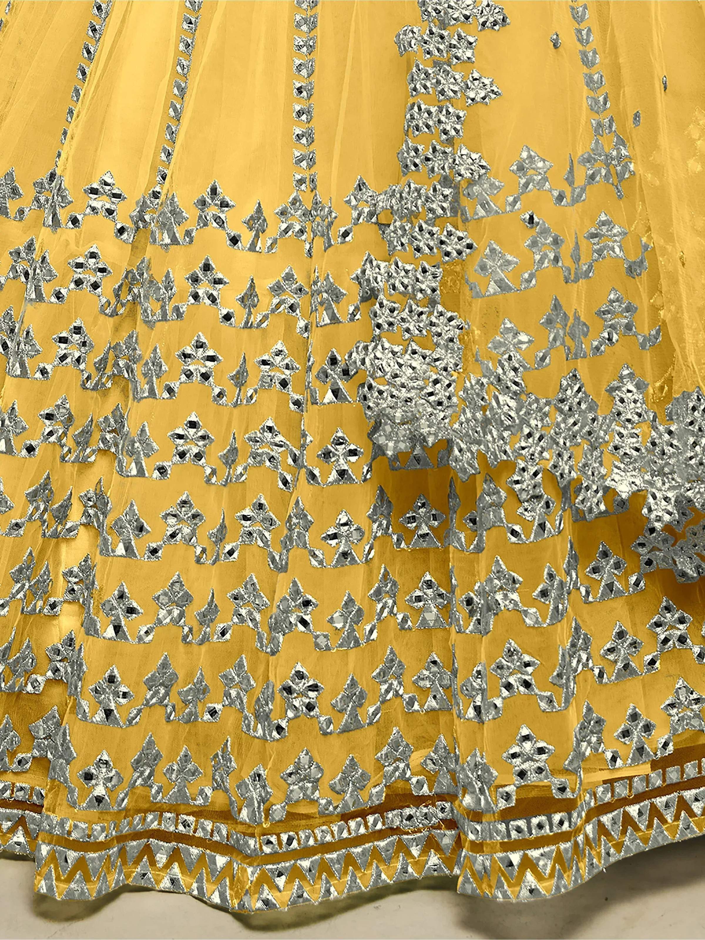 Tulsi Art Magnetic Yellow Foil Work Net Haldi Wear Lehenga Choli With Dupatta | Grocsy
