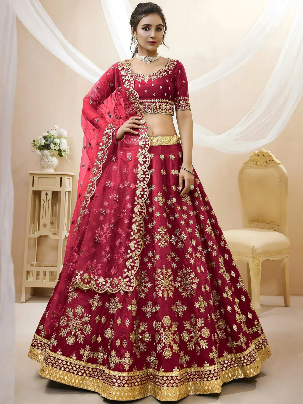 Tulsi Art Charismatic Red Zari Work Art Silk Wedding Wear Lehenga Choli | Grocsy