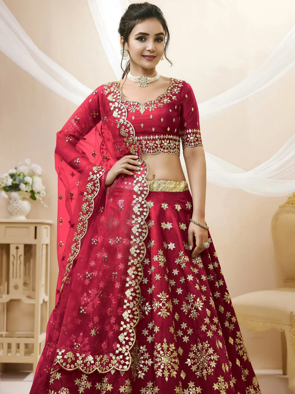 Tulsi Art Charismatic Red Zari Work Art Silk Wedding Wear Lehenga Choli | Grocsy