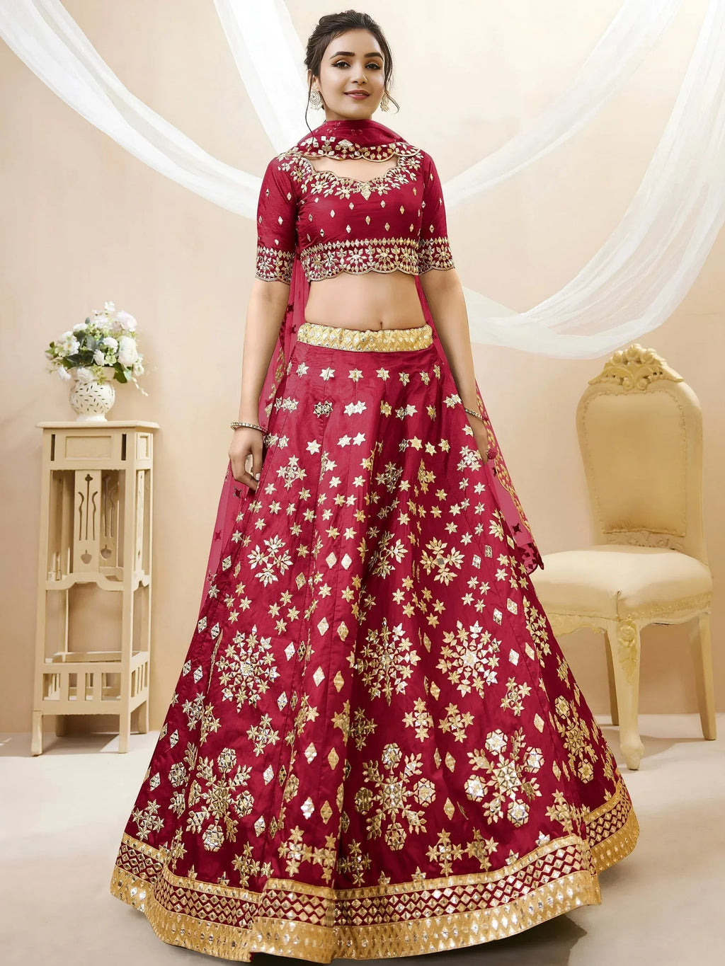 Tulsi Art Charismatic Red Zari Work Art Silk Wedding Wear Lehenga Choli | Grocsy