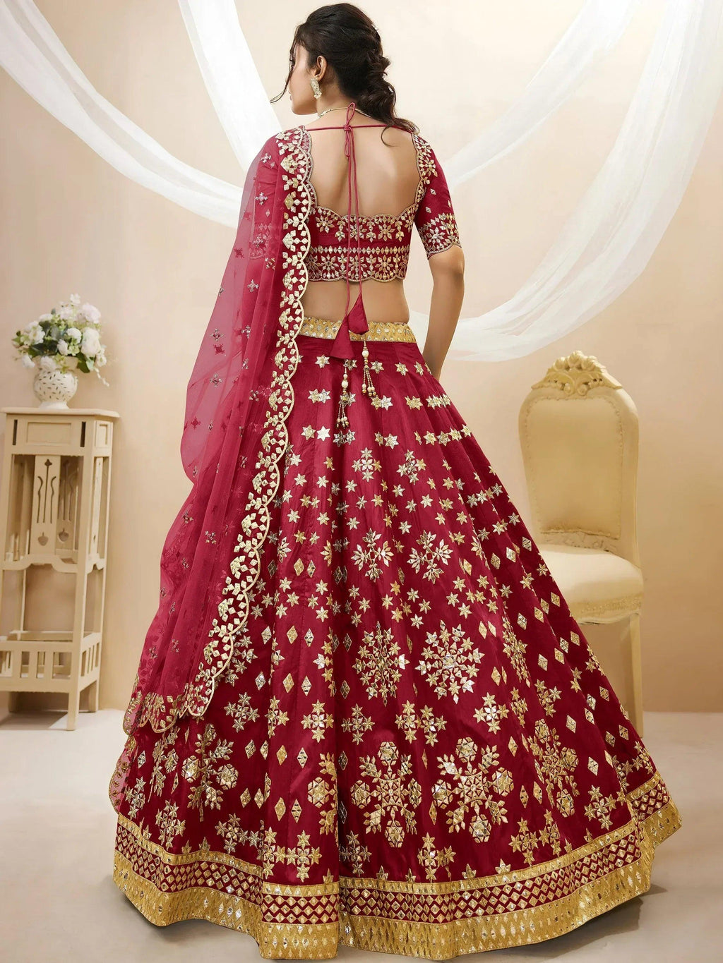 Tulsi Art Charismatic Red Zari Work Art Silk Wedding Wear Lehenga Choli | Grocsy