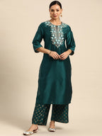 All About You Ethnic Motifs Embroidered Yoke Design Regular Sequinned Kurta with Palazzos | Grocsy