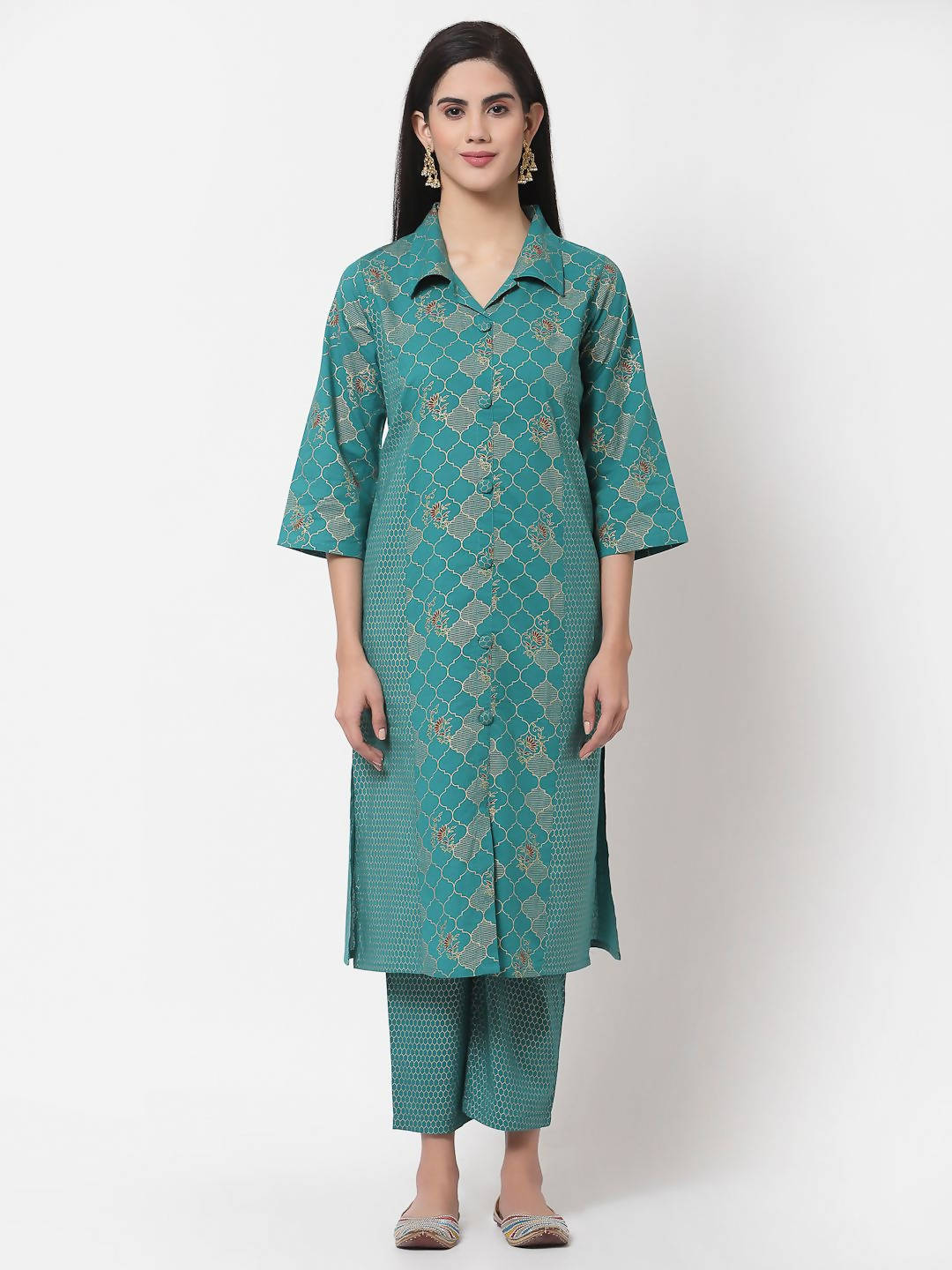 Myshka Women's Green Cotton Printed Half Sleeve Casual Kurta & Pant Set | Grocsy