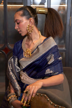 Monjolika Fashion Navy Blue Color Handloom Khadi Georgette Tradtional Saree | Grocsy