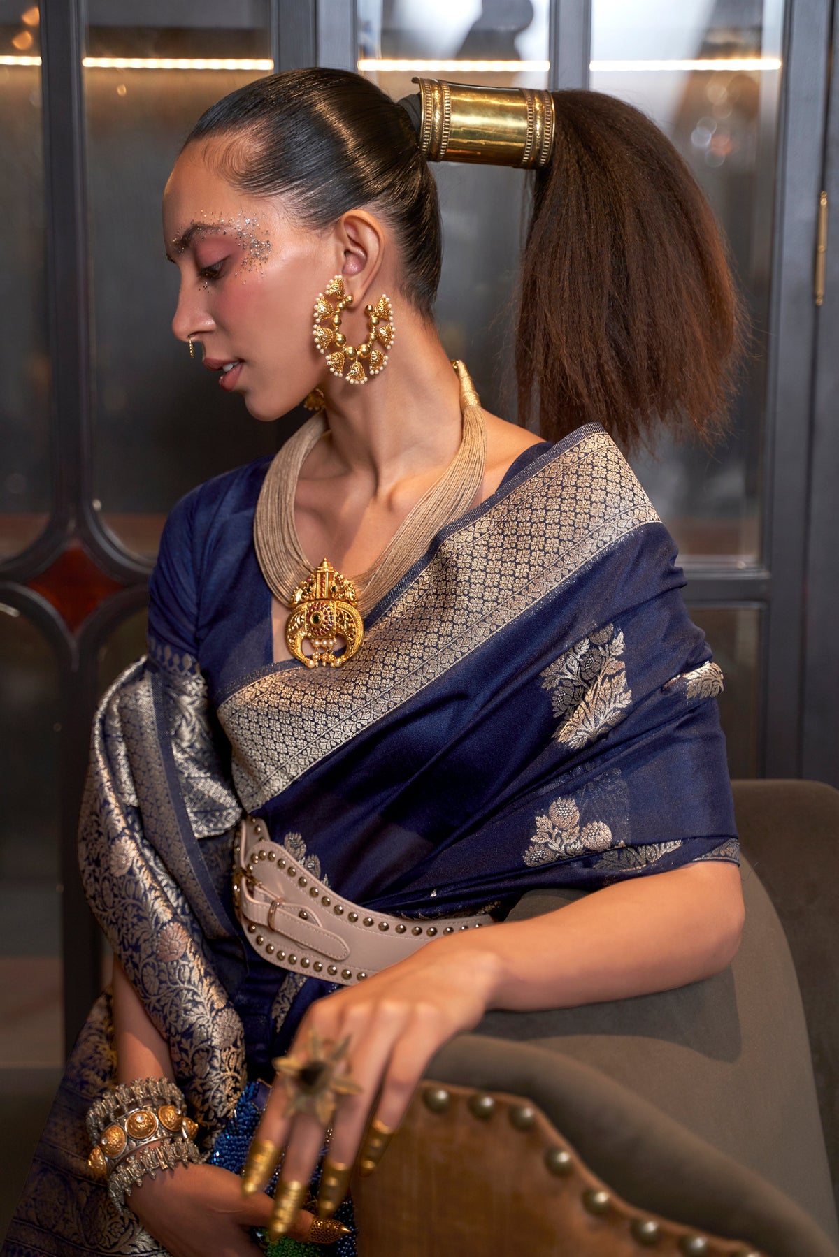 Monjolika Fashion Navy Blue Color Handloom Khadi Georgette Tradtional Saree | Grocsy