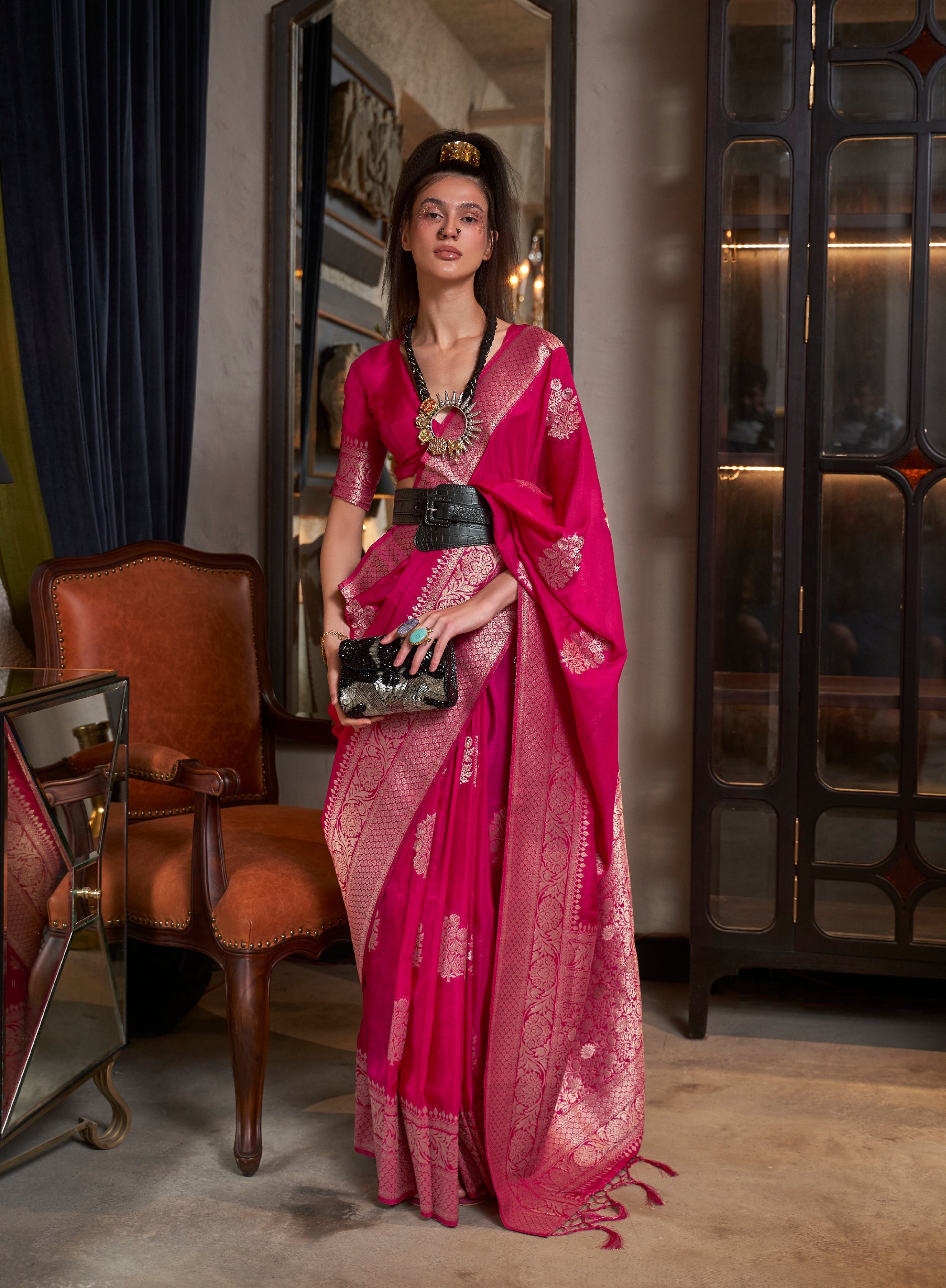 Monjolika Fashion Rani Pink Color Handloom Khadi Georgette Tradtional Saree | Grocsy