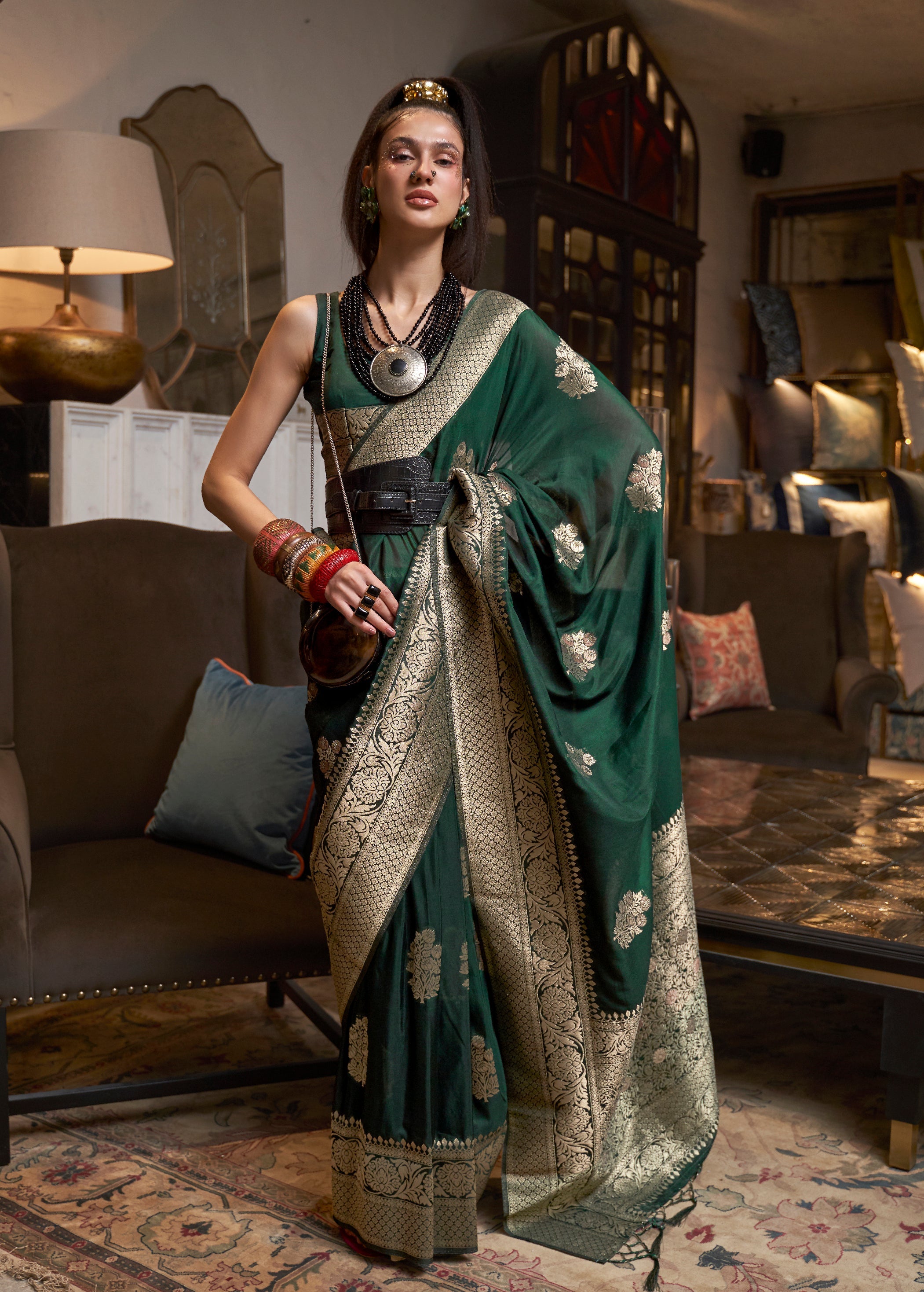 Monjolika Fashion Dark Green Color Handloom Khadi Georgette Tradtional Saree | Grocsy