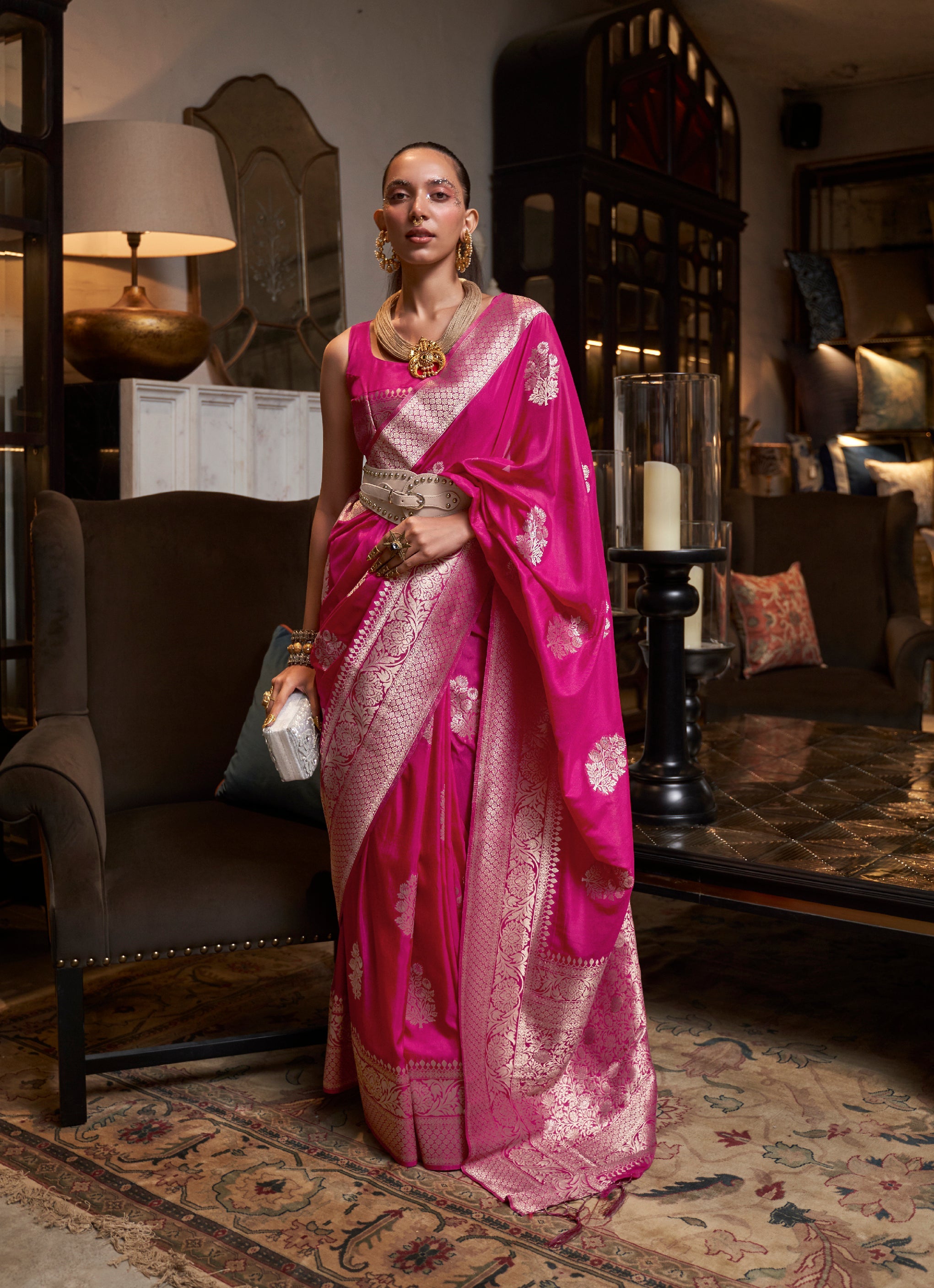 Monjolika Fashion Rani Pink Color Handloom Khadi Georgette Tradtional Saree | Grocsy