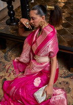 Monjolika Fashion Rani Pink Color Handloom Khadi Georgette Tradtional Saree | Grocsy