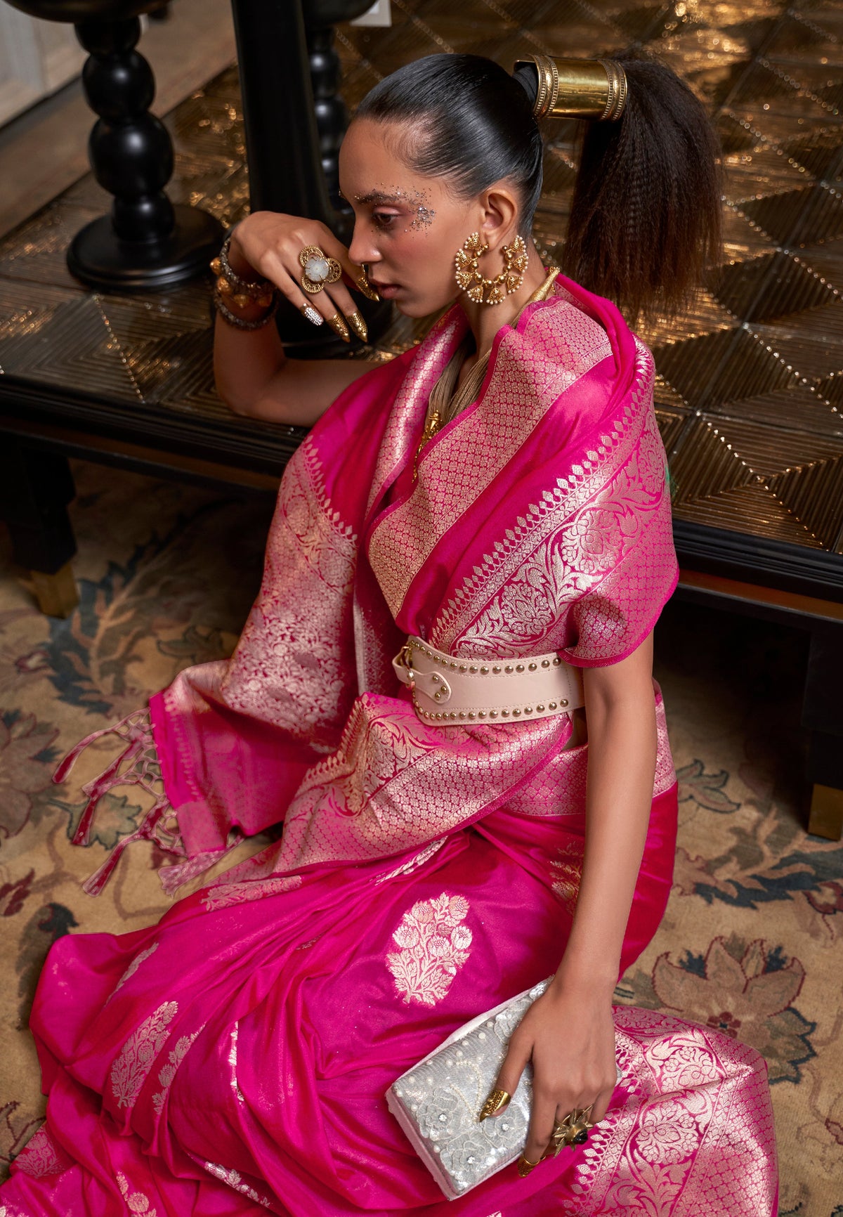 Monjolika Fashion Rani Pink Color Handloom Khadi Georgette Tradtional Saree | Grocsy