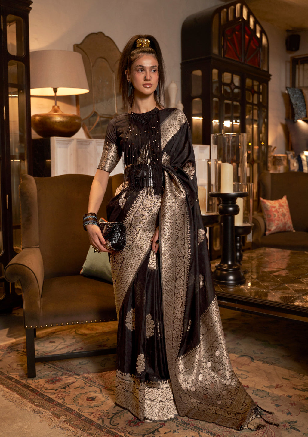 Monjolika Fashion Black Color Handloom Khadi Georgette Tradtional Saree | Grocsy