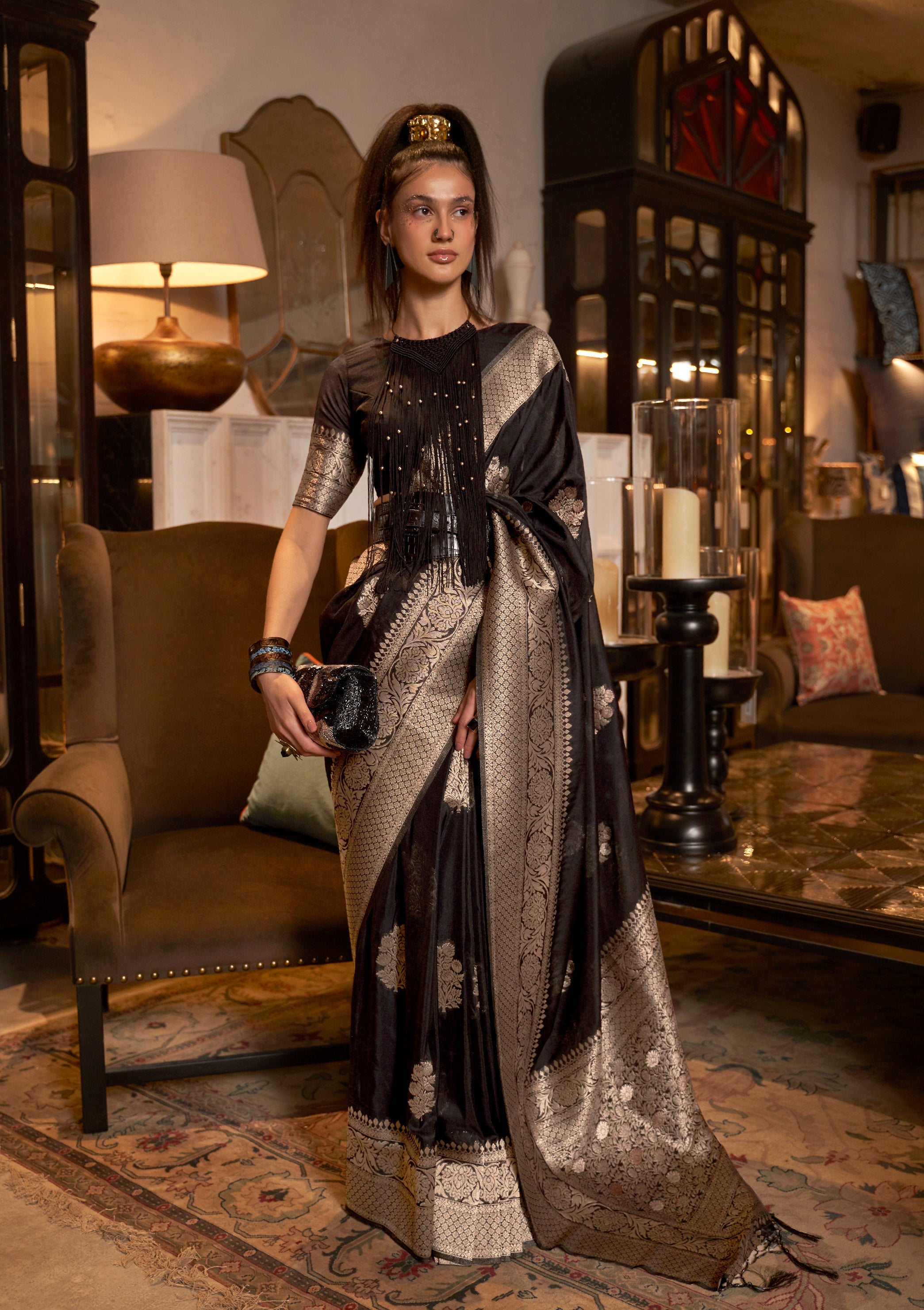 Monjolika Fashion Black Color Handloom Khadi Georgette Tradtional Saree | Grocsy