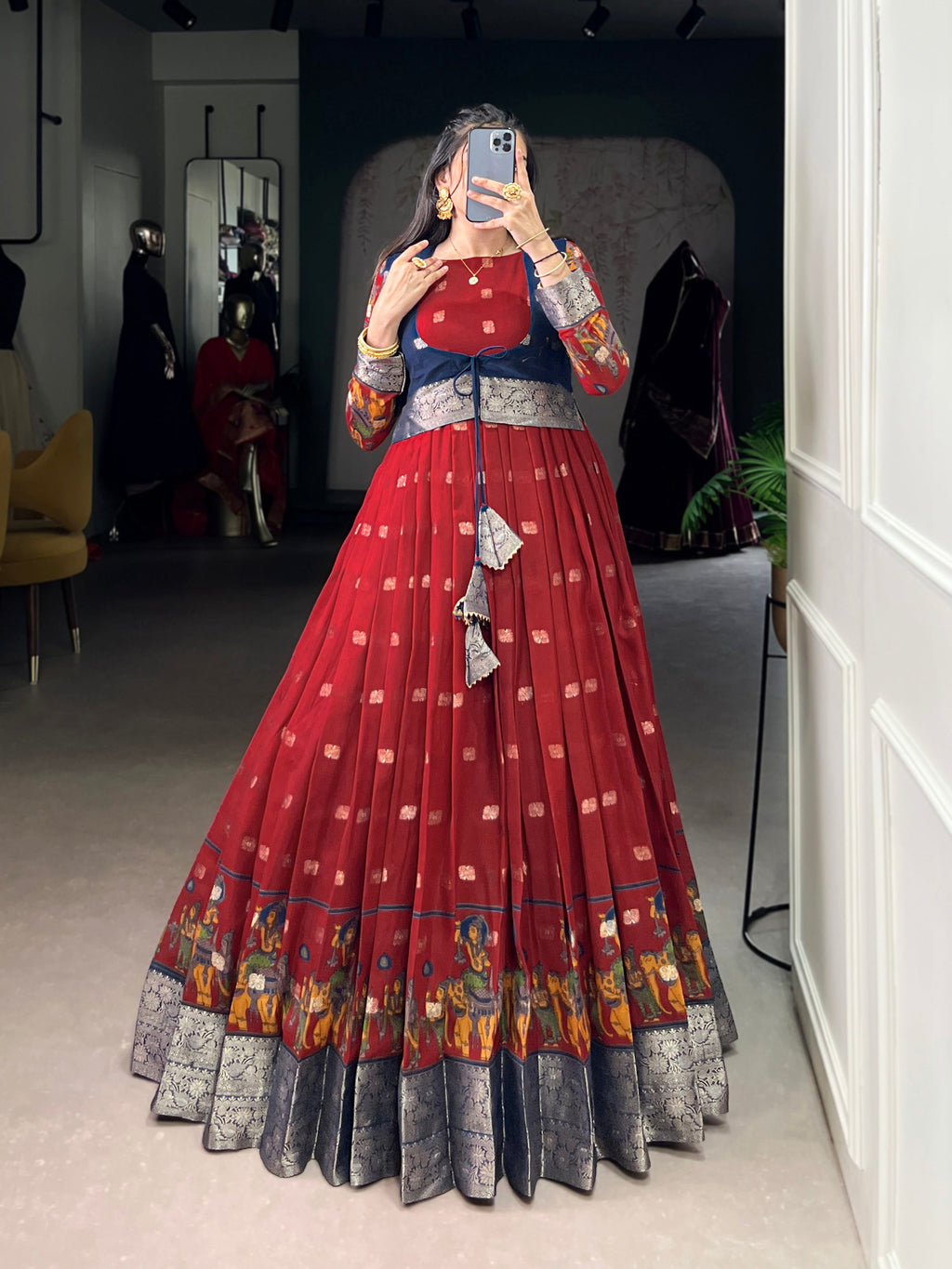 Lorenvalley Fashion Maroon Poly Cotton Kalamkari Print With Zari Weaving Work Border Gown with Koti | Grocsy
