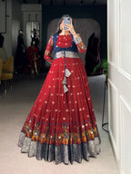 Lorenvalley Fashion Maroon Poly Cotton Kalamkari Print With Zari Weaving Work Border Gown with Koti | Grocsy