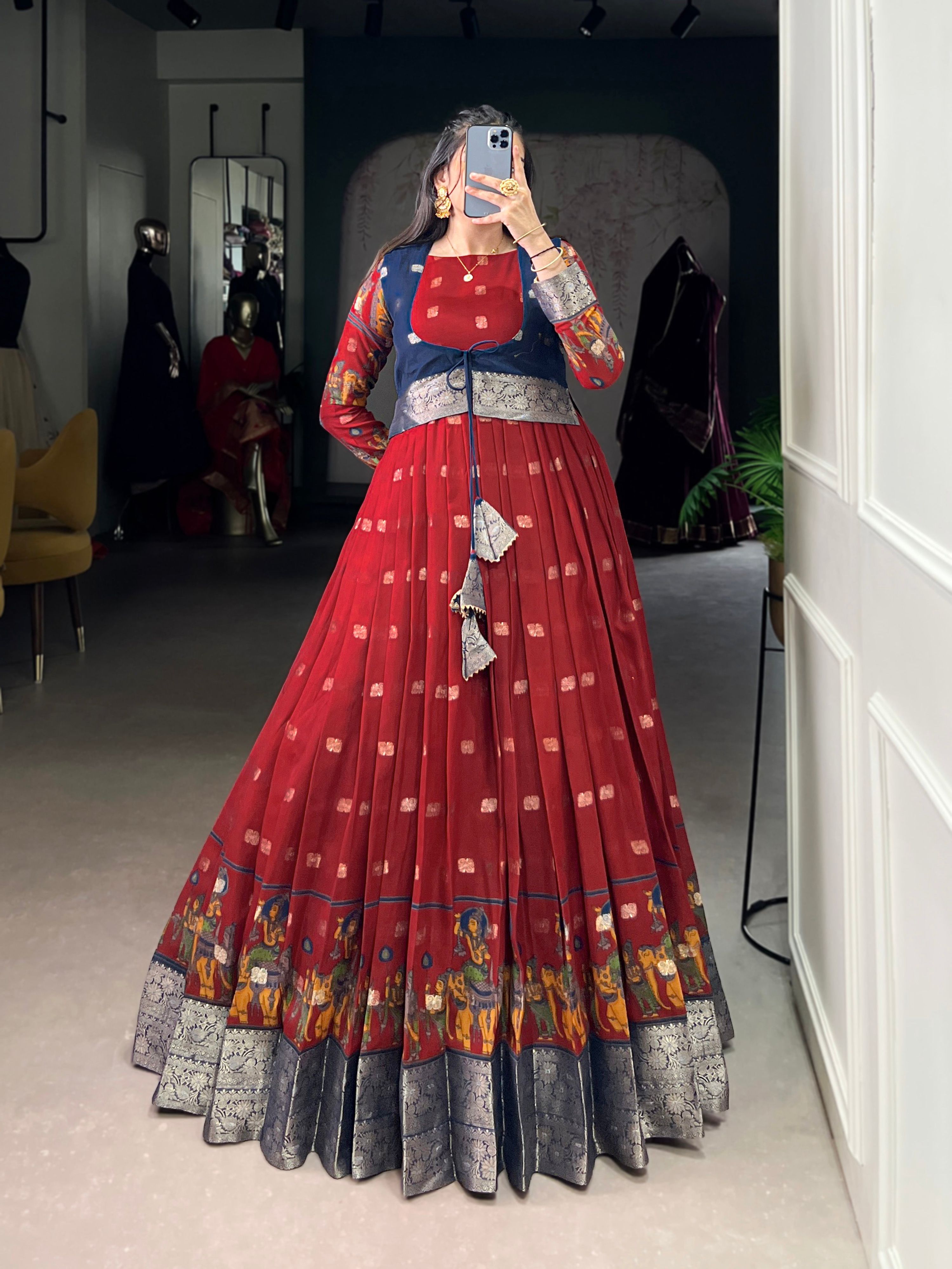 Lorenvalley Fashion Maroon Poly Cotton Kalamkari Print With Zari Weaving Work Border Gown with Koti | Grocsy