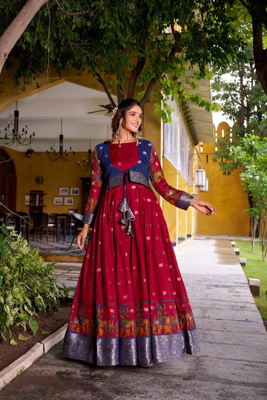 Lorenvalley Fashion Maroon Poly Cotton Kalamkari Print With Zari Weaving Work Border Gown with Koti | Grocsy