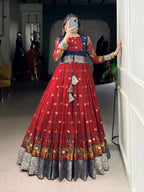 Lorenvalley Fashion Maroon Poly Cotton Kalamkari Print With Zari Weaving Work Border Gown with Koti | Grocsy