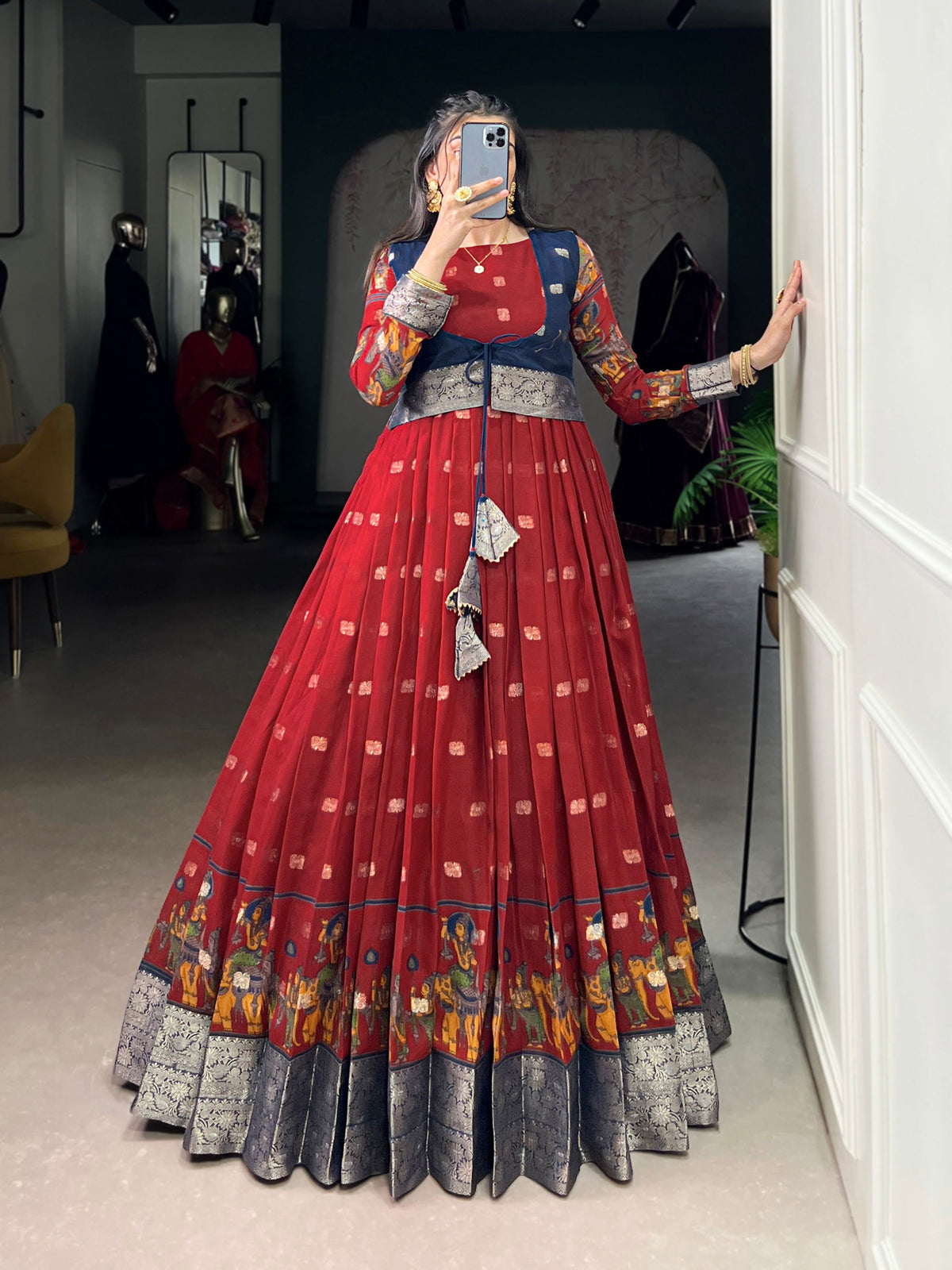 Lorenvalley Fashion Maroon Poly Cotton Kalamkari Print With Zari Weaving Work Border Gown with Koti | Grocsy