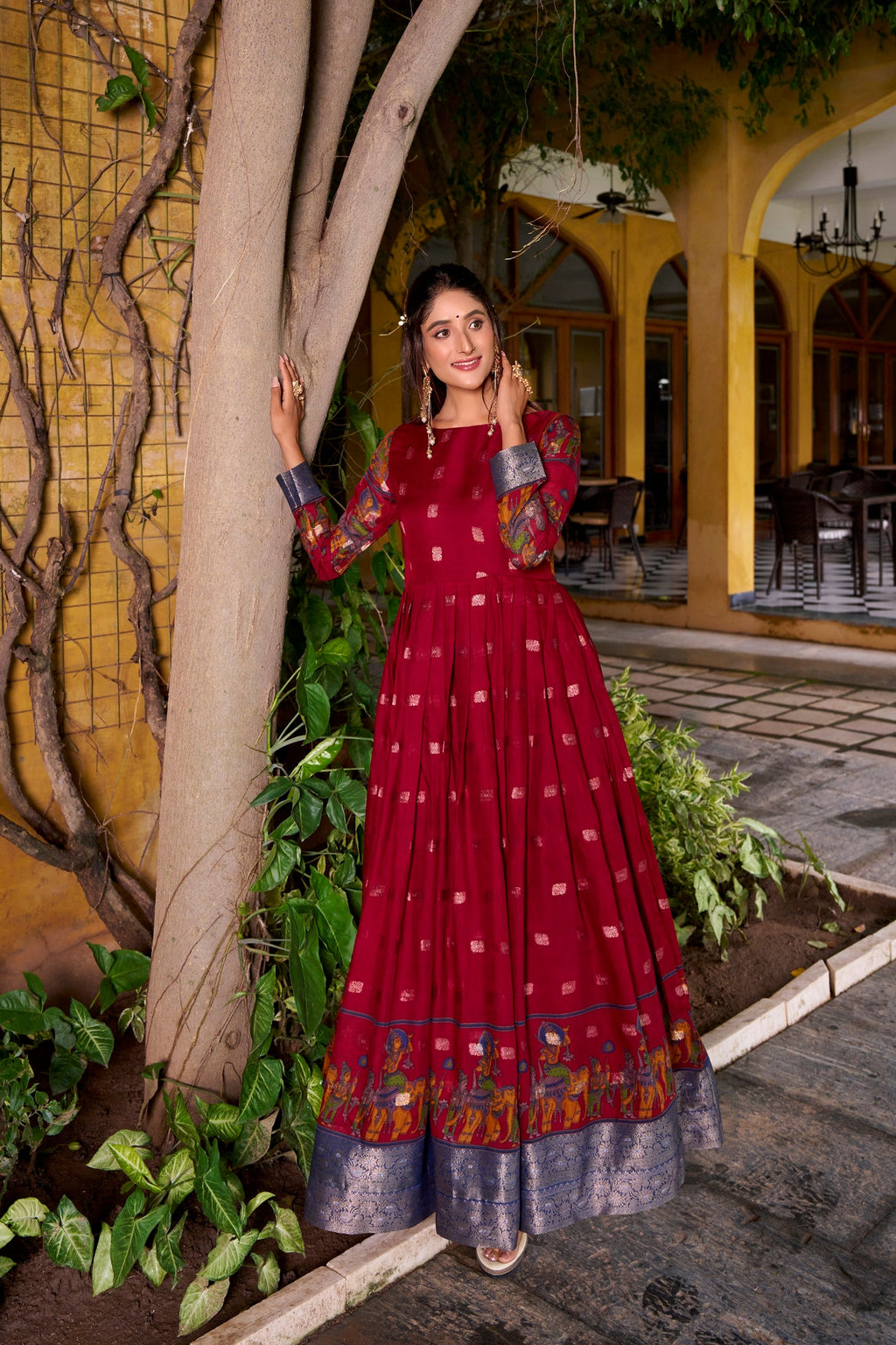 Lorenvalley Fashion Maroon Poly Cotton Kalamkari Print With Zari Weaving Work Border Gown with Koti | Grocsy