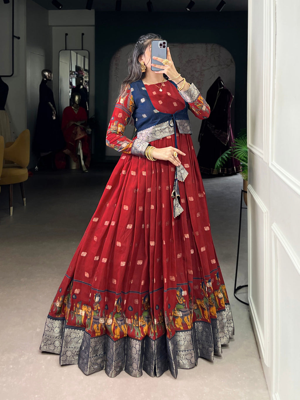 Lorenvalley Fashion Maroon Poly Cotton Kalamkari Print With Zari Weaving Work Border Gown with Koti | Grocsy