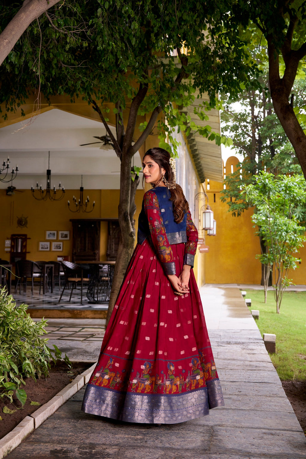 Lorenvalley Fashion Maroon Poly Cotton Kalamkari Print With Zari Weaving Work Border Gown with Koti | Grocsy