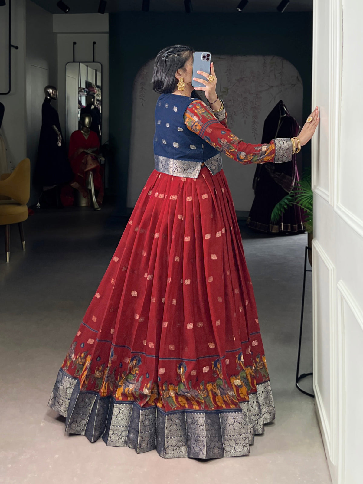 Lorenvalley Fashion Maroon Poly Cotton Kalamkari Print With Zari Weaving Work Border Gown with Koti | Grocsy