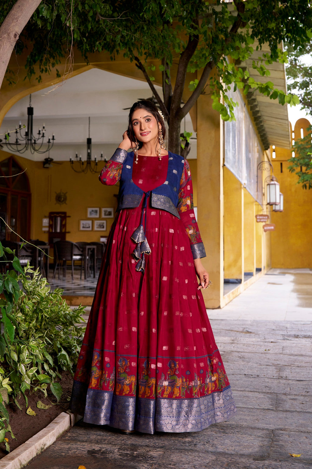 Lorenvalley Fashion Maroon Poly Cotton Kalamkari Print With Zari Weaving Work Border Gown with Koti | Grocsy