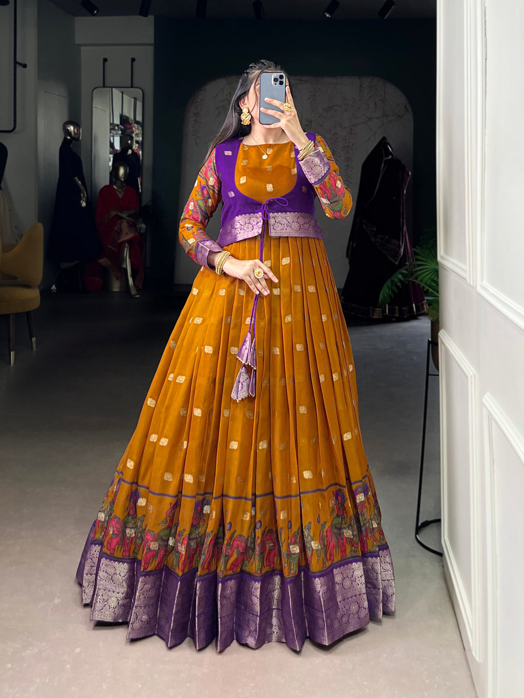 Lorenvalley Fashion Mustard Poly Cotton Kalamkari Print With Zari Weaving Work Border Gown with Koti | Grocsy