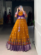 Lorenvalley Fashion Mustard Poly Cotton Kalamkari Print With Zari Weaving Work Border Gown with Koti | Grocsy