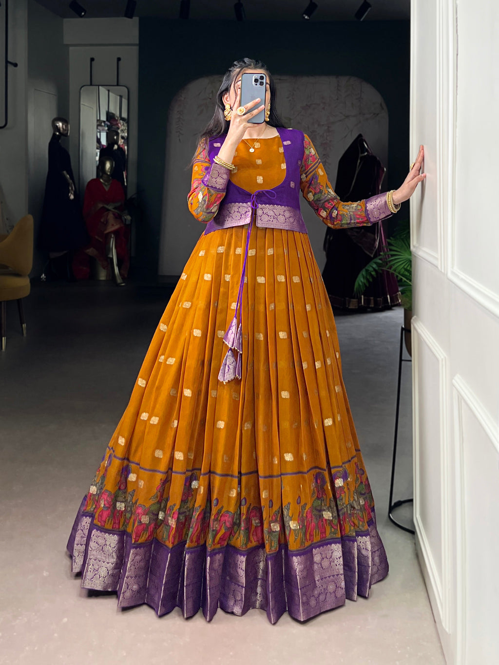 Lorenvalley Fashion Mustard Poly Cotton Kalamkari Print With Zari Weaving Work Border Gown with Koti | Grocsy