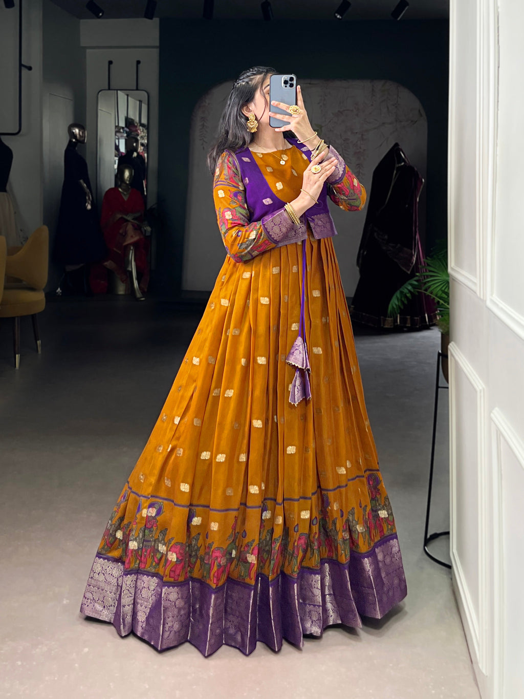 Lorenvalley Fashion Mustard Poly Cotton Kalamkari Print With Zari Weaving Work Border Gown with Koti | Grocsy