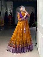 Lorenvalley Fashion Mustard Poly Cotton Kalamkari Print With Zari Weaving Work Border Gown with Koti | Grocsy