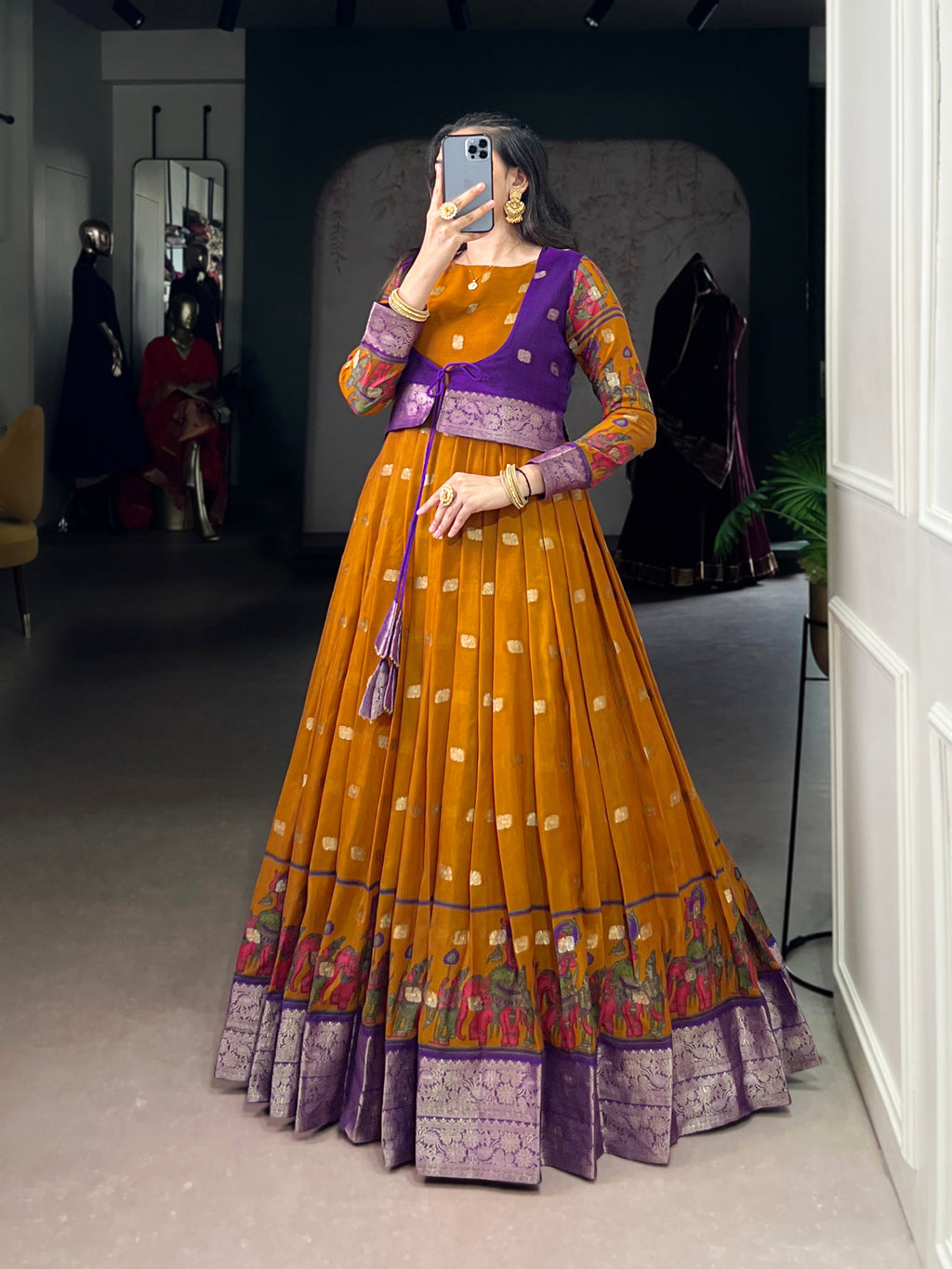 Lorenvalley Fashion Mustard Poly Cotton Kalamkari Print With Zari Weaving Work Border Gown with Koti | Grocsy