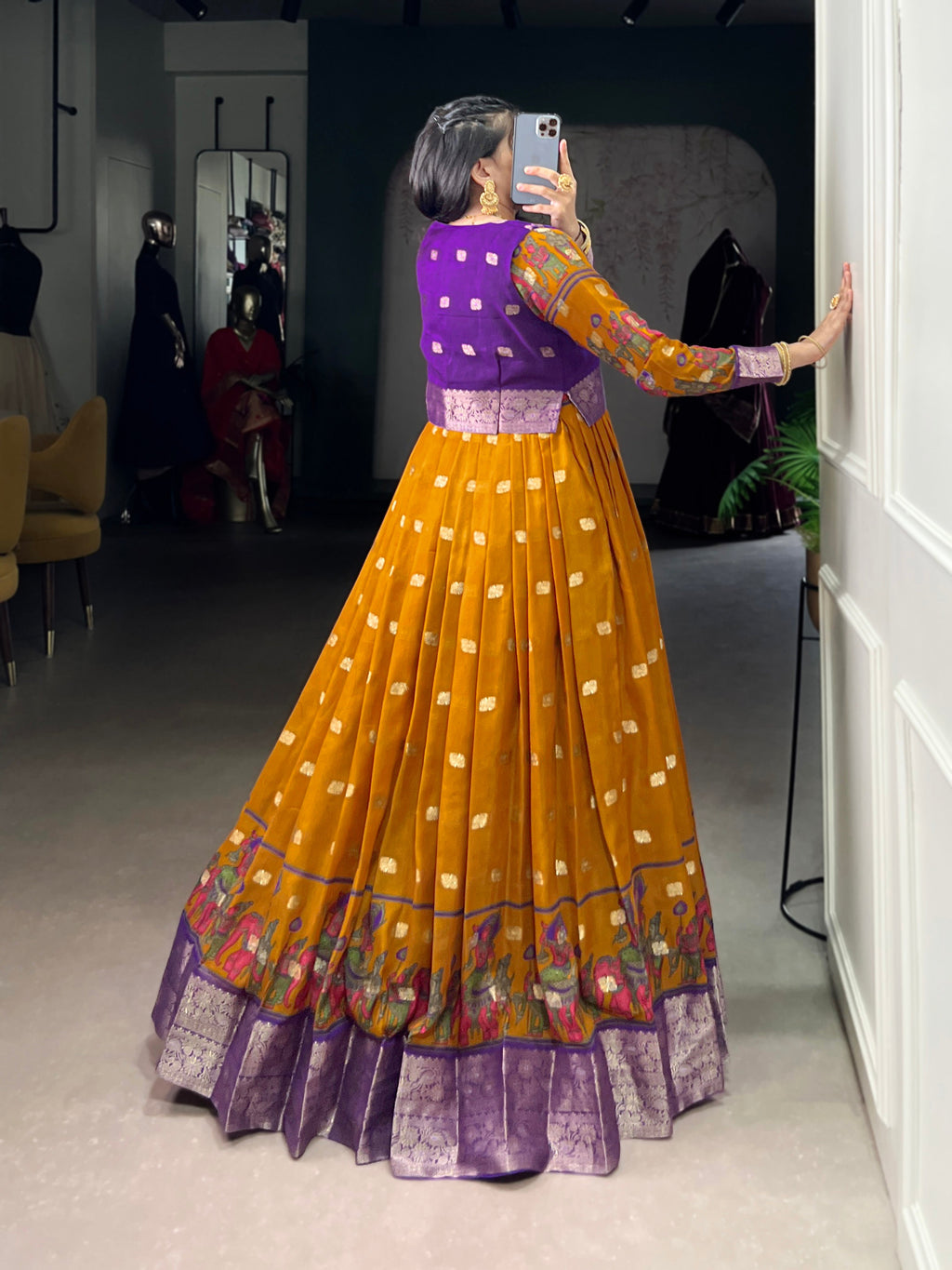 Lorenvalley Fashion Mustard Poly Cotton Kalamkari Print With Zari Weaving Work Border Gown with Koti | Grocsy
