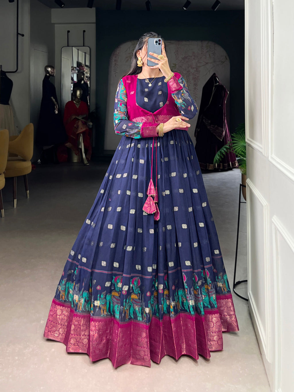 Lorenvalley Fashion Navy Blue Poly Cotton Kalamkari Print With Zari Weaving Work Border Gown with Koti | Grocsy
