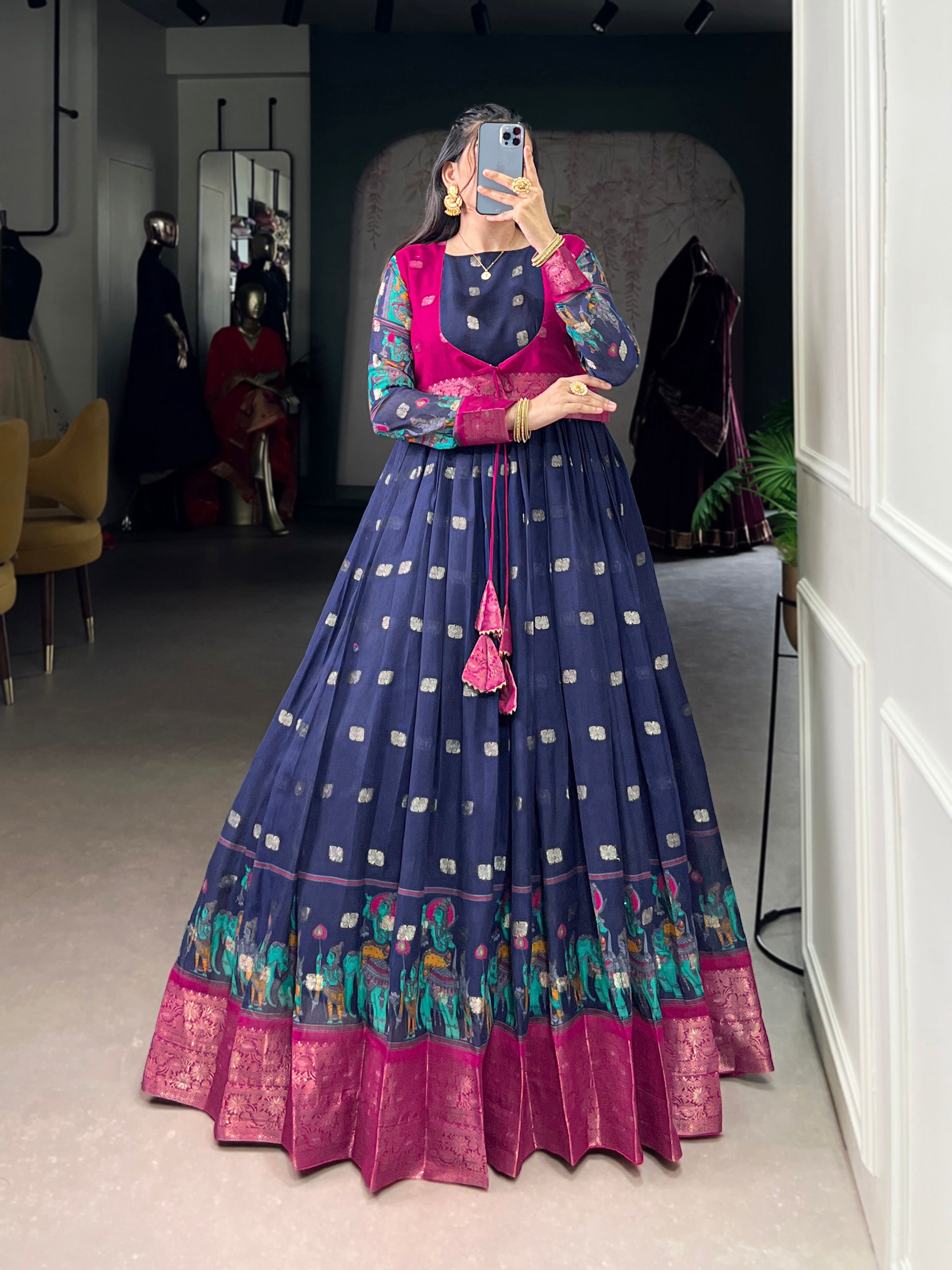 Lorenvalley Fashion Navy Blue Poly Cotton Kalamkari Print With Zari Weaving Work Border Gown with Koti | Grocsy