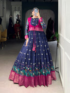 Lorenvalley Fashion Navy Blue Poly Cotton Kalamkari Print With Zari Weaving Work Border Gown with Koti | Grocsy