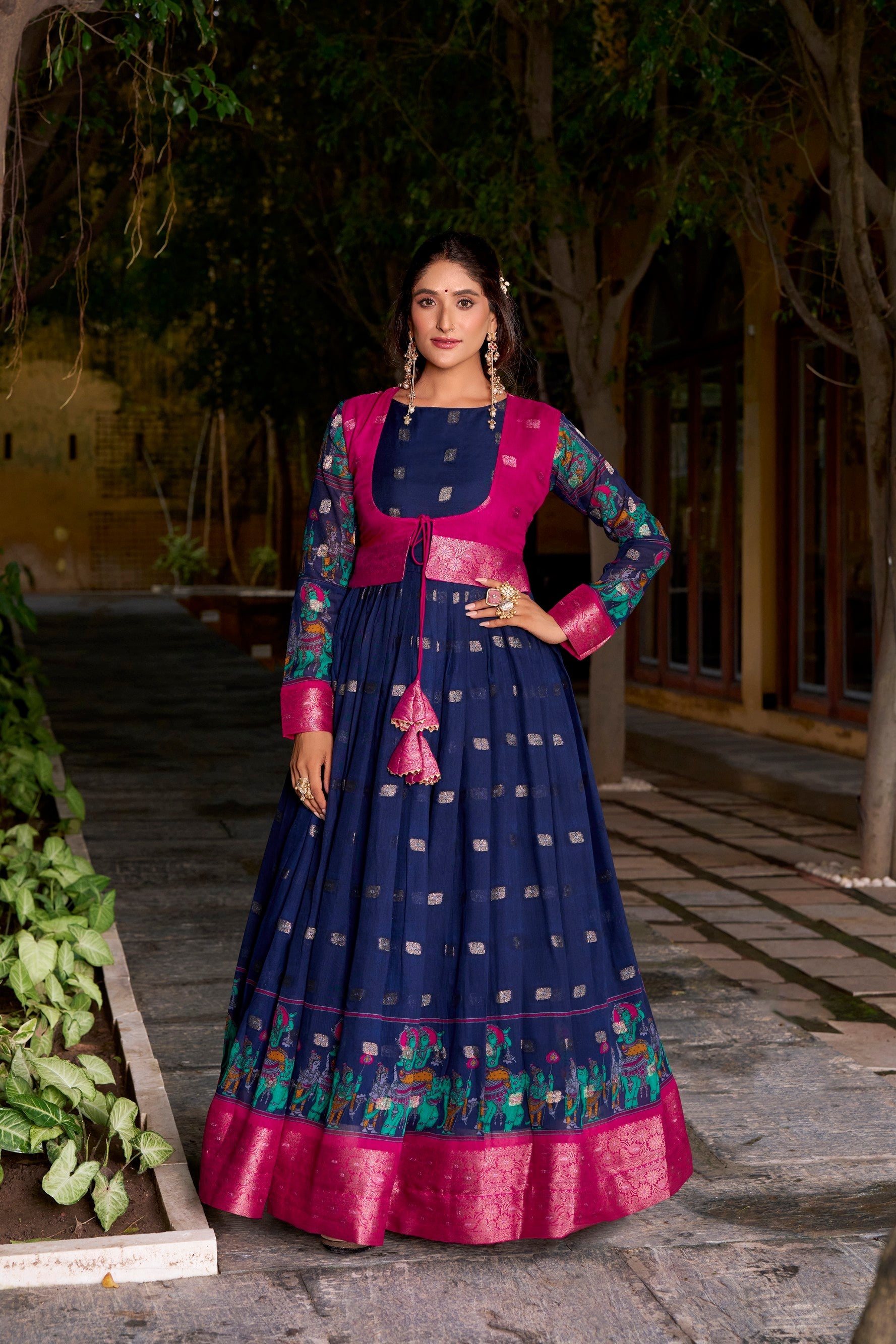 Lorenvalley Fashion Navyblue Poly Cotton Kalamkari Print With Zari Weaving Work Border Gown with Koti | Grocsy