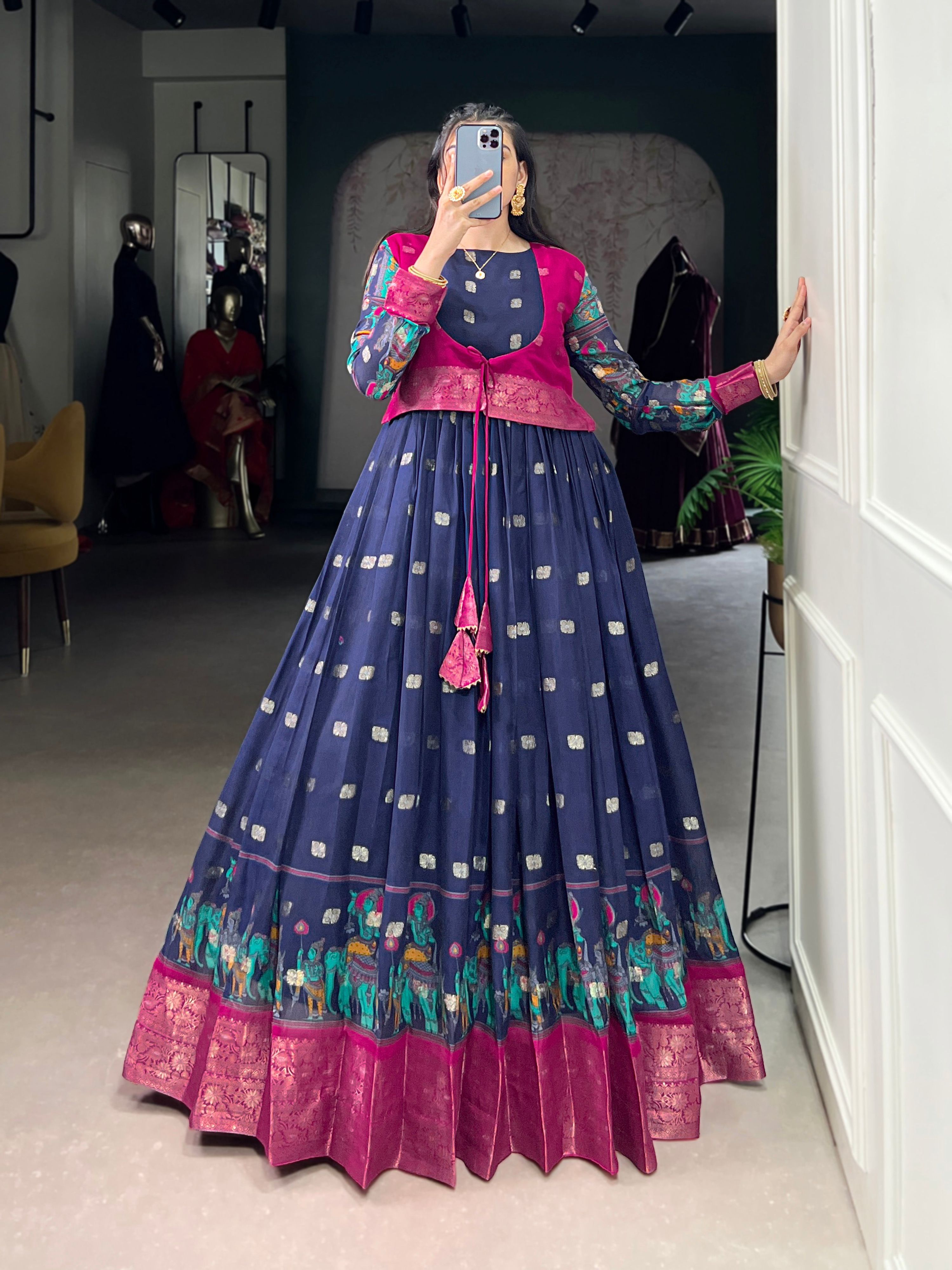 Lorenvalley Fashion Navy Blue Poly Cotton Kalamkari Print With Zari Weaving Work Border Gown with Koti | Grocsy