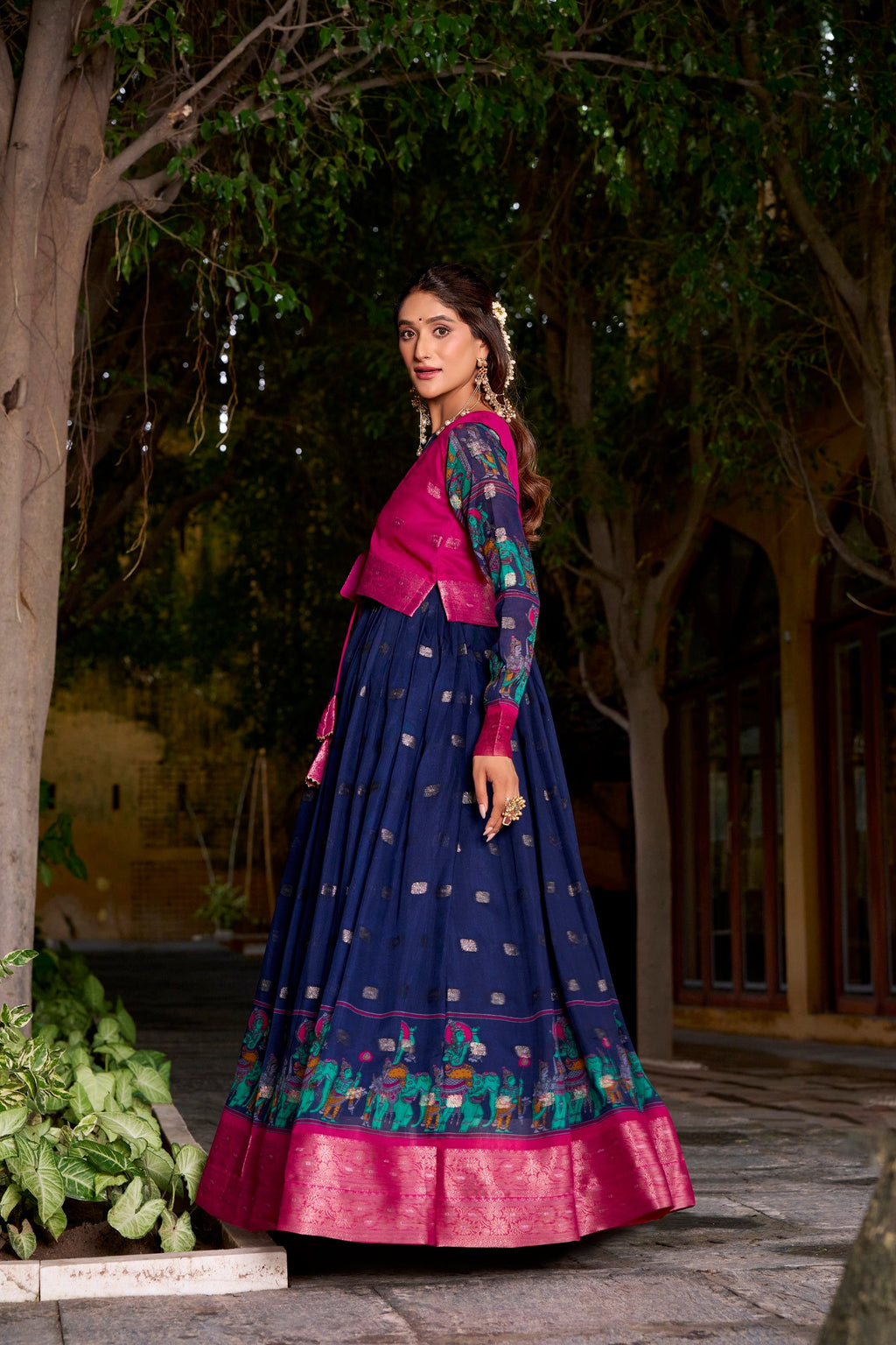 Lorenvalley Fashion Navyblue Poly Cotton Kalamkari Print With Zari Weaving Work Border Gown with Koti | Grocsy