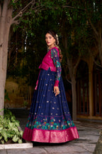 Lorenvalley Fashion Navyblue Poly Cotton Kalamkari Print With Zari Weaving Work Border Gown with Koti | Grocsy