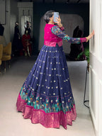 Lorenvalley Fashion Navy Blue Poly Cotton Kalamkari Print With Zari Weaving Work Border Gown with Koti | Grocsy