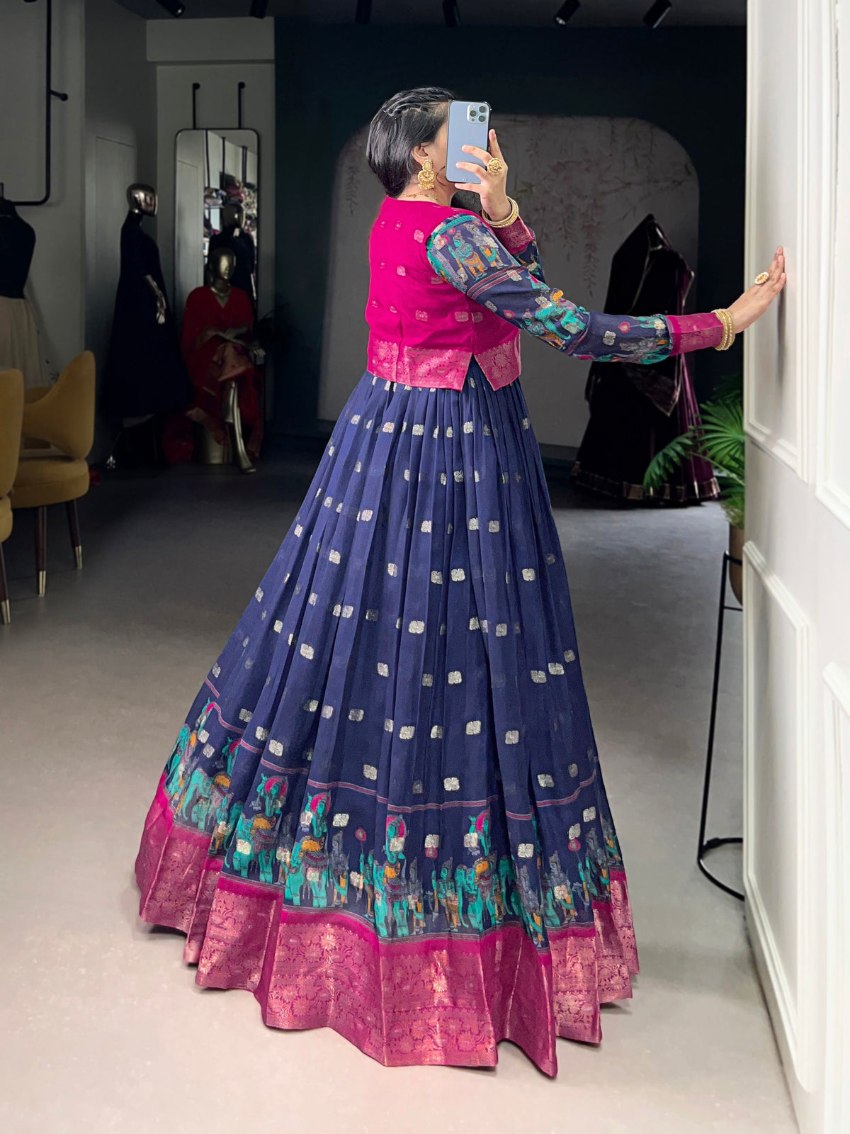 Lorenvalley Fashion Navy Blue Poly Cotton Kalamkari Print With Zari Weaving Work Border Gown with Koti | Grocsy