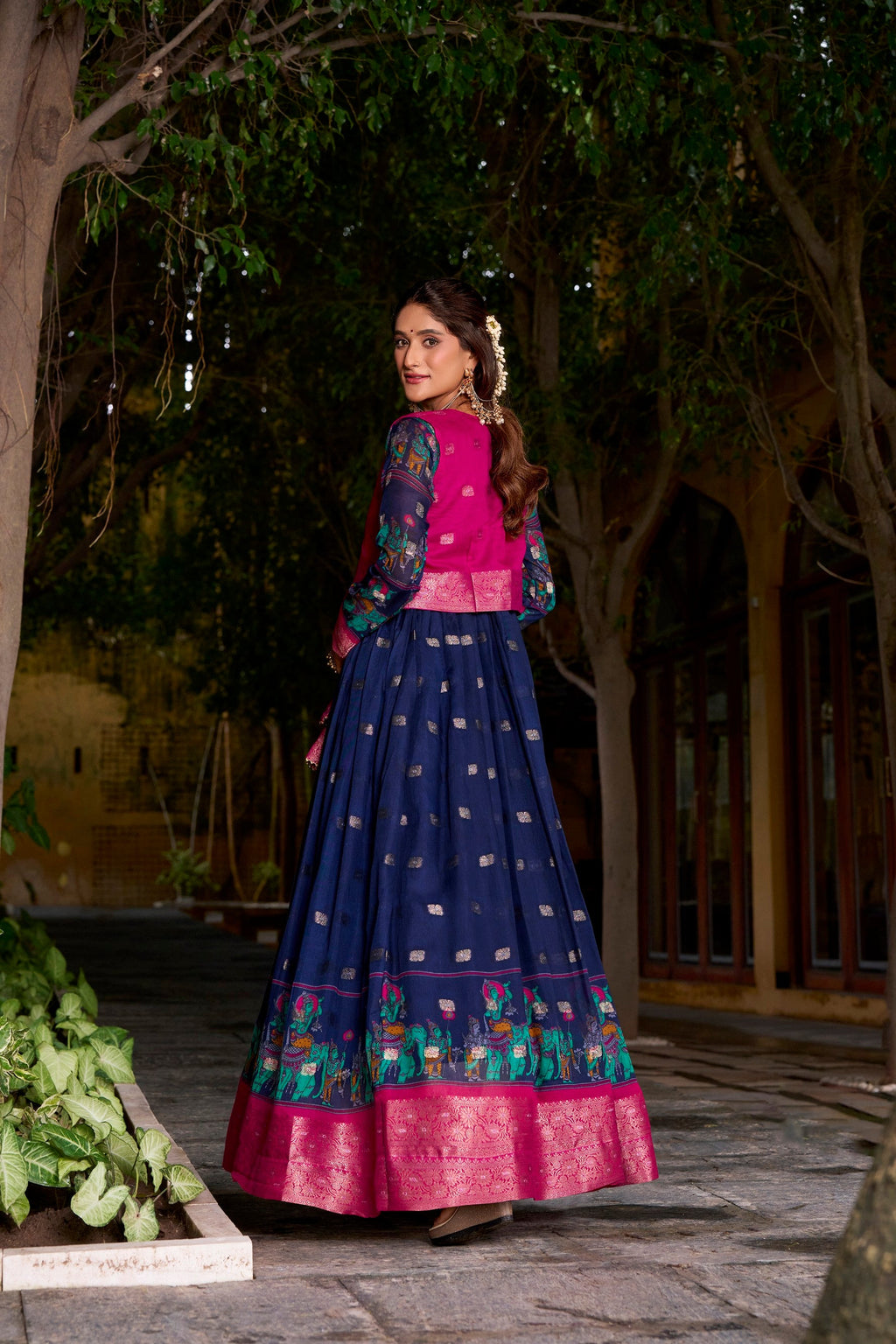 Lorenvalley Fashion Navyblue Poly Cotton Kalamkari Print With Zari Weaving Work Border Gown with Koti | Grocsy