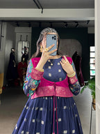 Lorenvalley Fashion Navy Blue Poly Cotton Kalamkari Print With Zari Weaving Work Border Gown with Koti | Grocsy