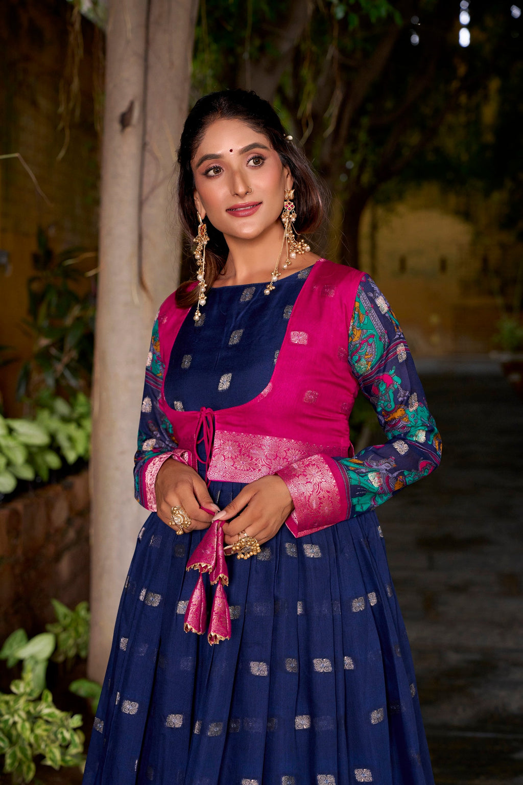 Lorenvalley Fashion Navyblue Poly Cotton Kalamkari Print With Zari Weaving Work Border Gown with Koti | Grocsy